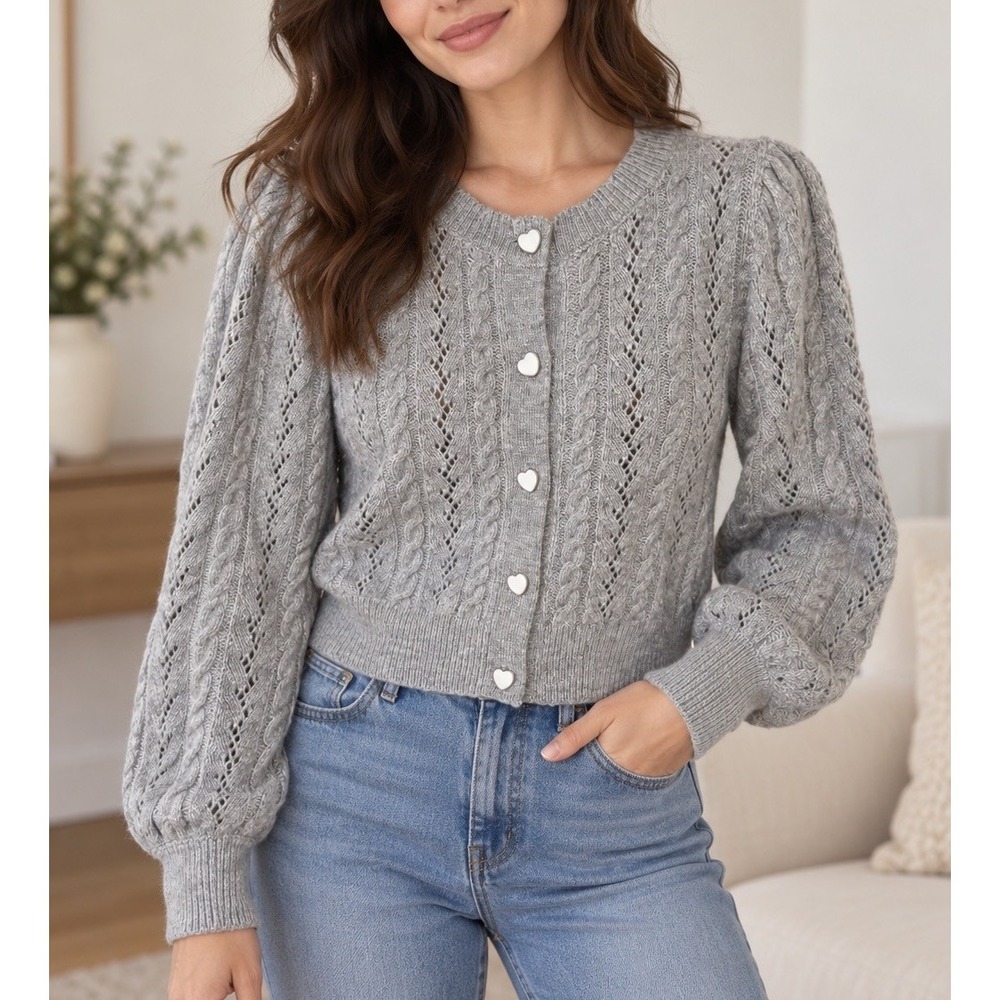 CeCe Gray Cable Knit Cropped Cardigan Heart Buttons Puff Sleeve Size S NWT